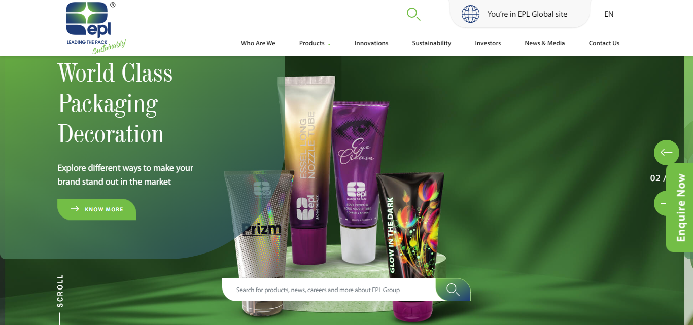 Website preview of Essel Propack Limited a leading Packaging Company in India.