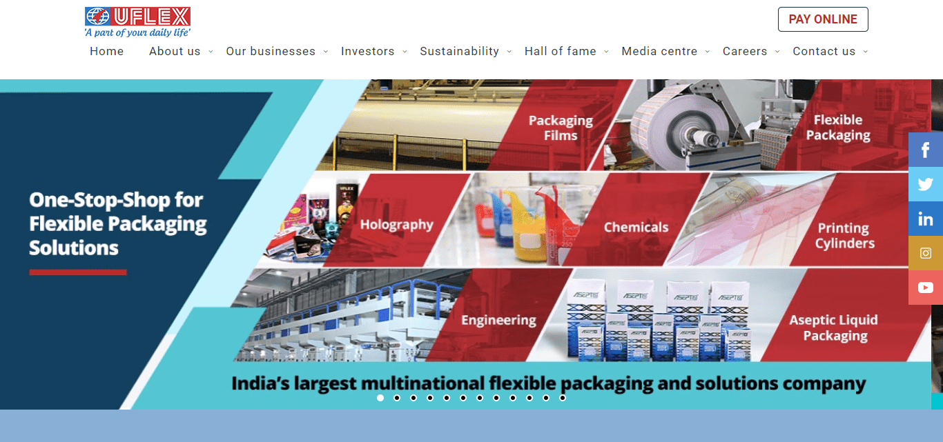 Website preview of Uflex Limited a leading Packaging Company in India.